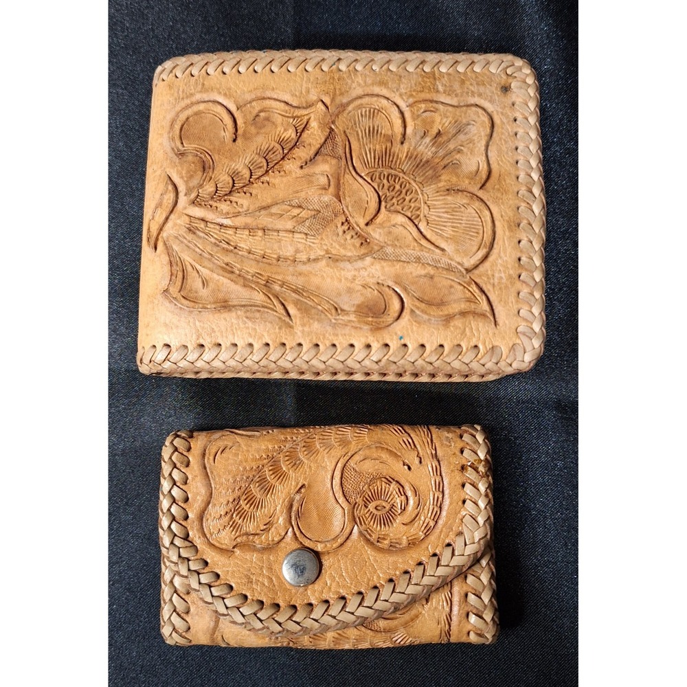Vintage Hand Tooled Leather Western Wallet and Key Case Set Floral Whipstitch